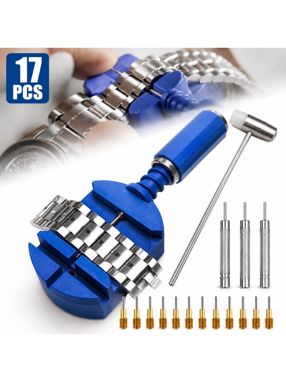 Watch Band Link Removal Tool Kit with 12pcs Replacement Pins and 3pcs Pin Punches 1pcs Head Hammer for Watch Bracelet Strap Adjustment and Watch Repair