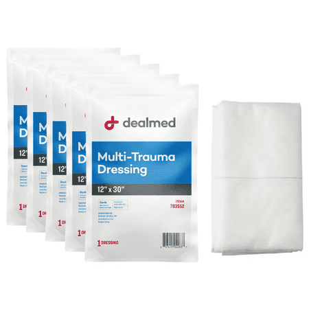 Dealmed 12" x 30" Multi-Trauma Dressing – Sterile Emergency Oversized Pad, Superior Absorbency, Protection and Padding, Wound Care Product for First Aid Kit (Pack of 5)