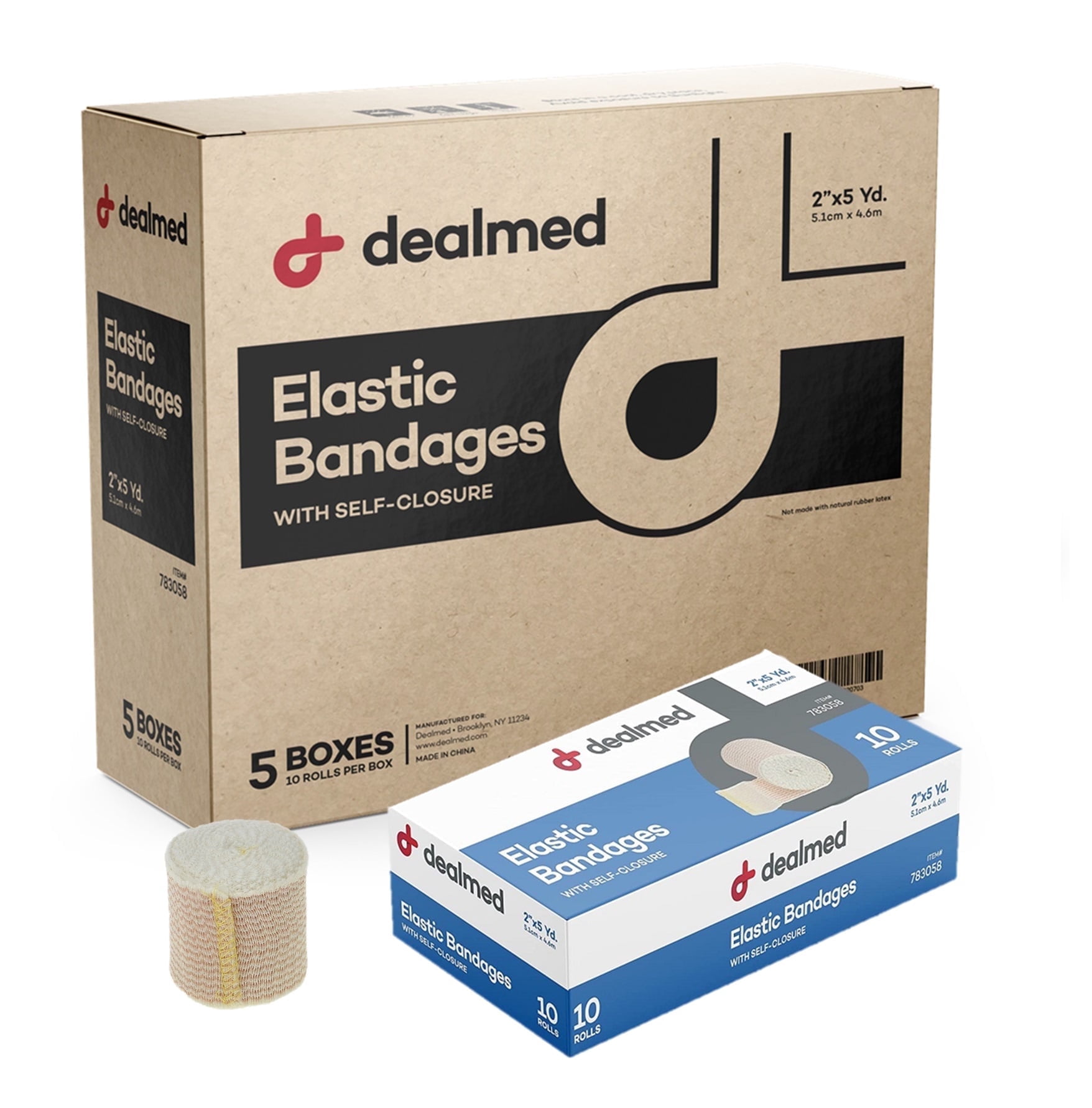 Dealmed Elastic Bandage Wrap 2" with Self Closure, Stretched Compression (50 Rolls/Case)