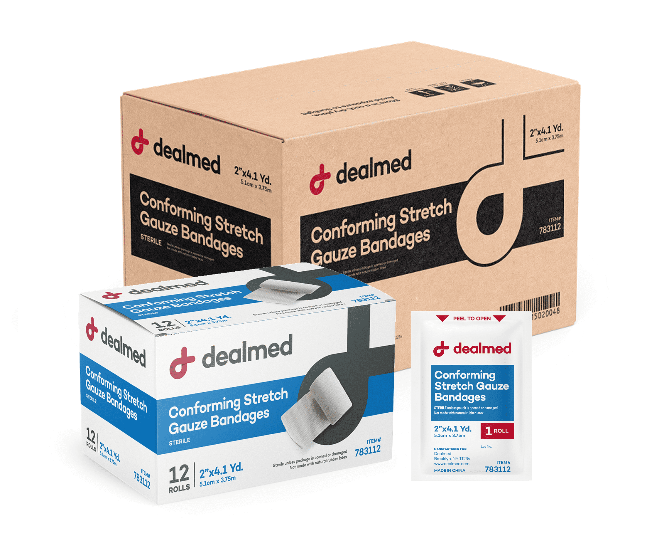 Dealmed 2" Sterile Conforming Stretch Gauze Bandages, 4.1 Yards Stretched Gauze Rolls, Wound Care Product, Case of 96