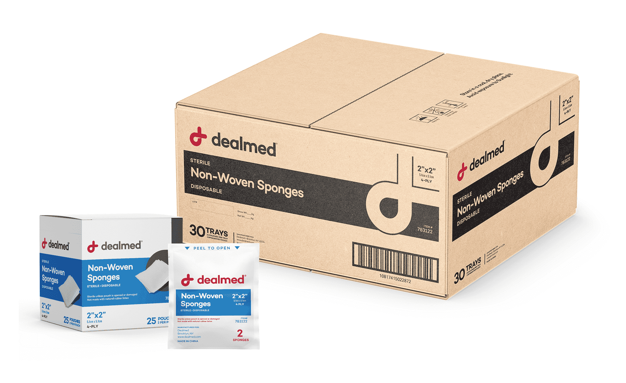 Dealmed 2" x 2" Premium Non-Woven Sponges, 4-Ply Absorbent Gauze Pads for First Aid Kits and Medical Facilities, Sterile 2's, 25 Pouches/Box (Case of 30)