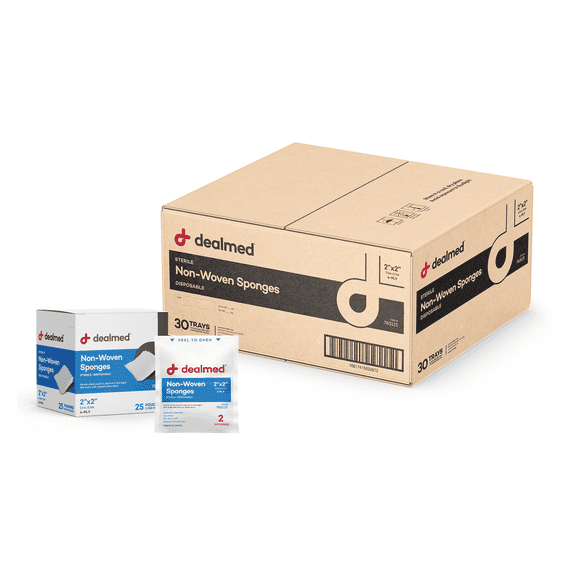 Dealmed 2" x 2" Premium Non-Woven Sponges, 4-Ply Absorbent Gauze Pads for First Aid Kits and Medical Facilities, Sterile 2's, 25 Pouches/Box (Case of 30)