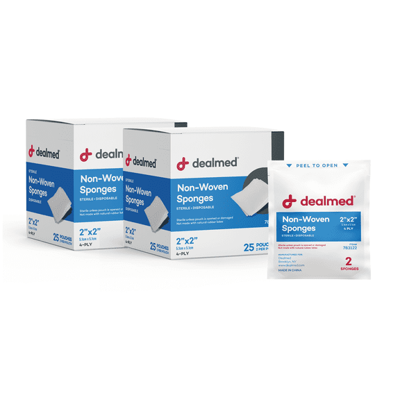 Dealmed 2" x 2" Premium Non-Woven Sponges, 4-Ply Absorbent Gauze Pads for First Aid Kits and Medical Facilities, Sterile 2's, 25 Pouches/Box (Pack of 2)