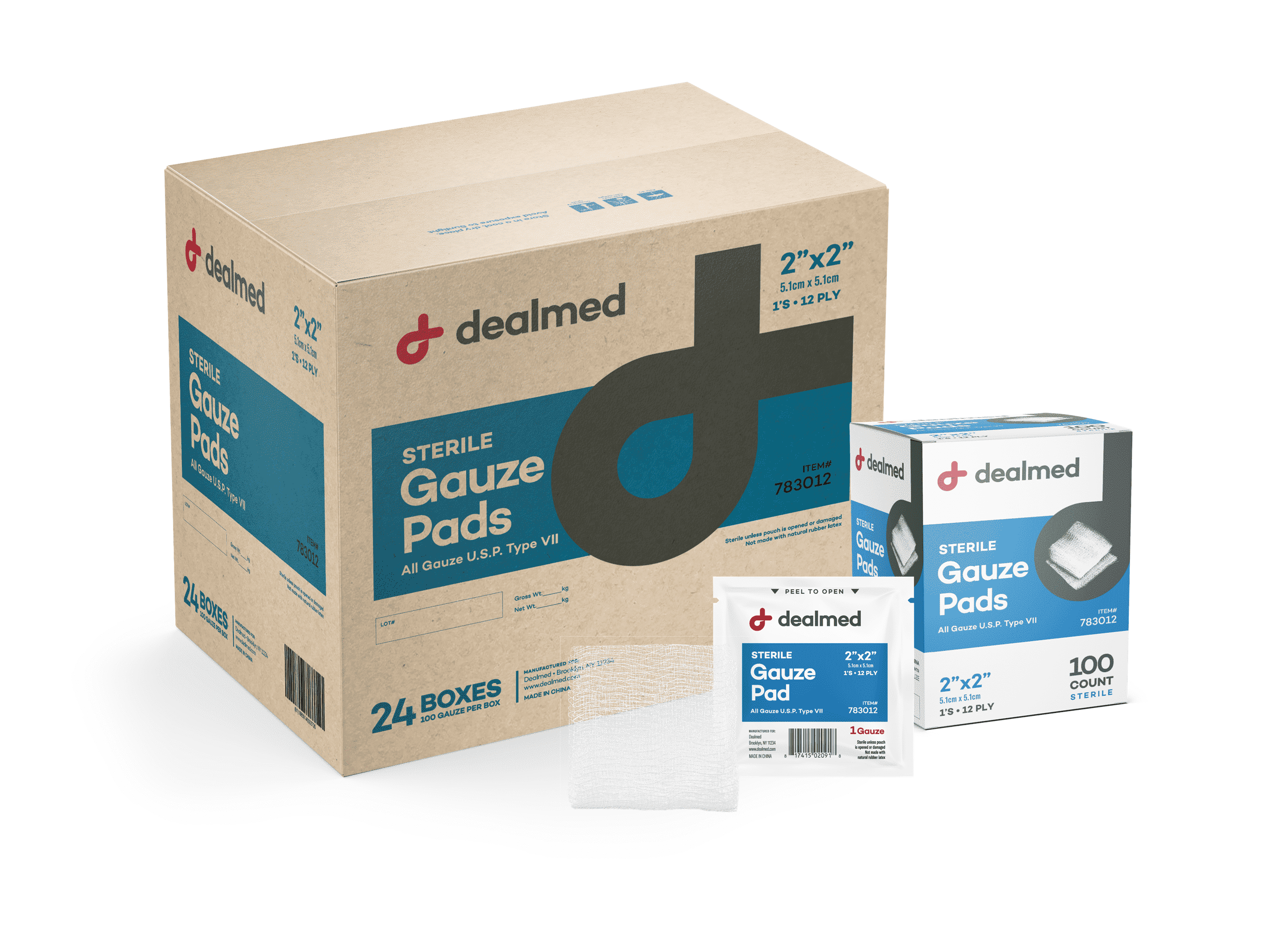 Dealmed 2’’ x 2’’ Sterile Gauze Pads, 12-Ply, Individually Wrapped, Wound Care Product for First Aid Kits, Medical Facilities 100/Box (Pack of 24)