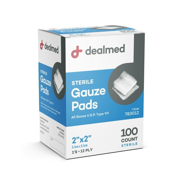 Dealmed 2’’ x 2’’ Sterile Gauze Pads, 12-Ply Individually Wrapped Medical Pads for Wound Care, First Aid Kits, Medical Facilities 100/Box (Pack of 1)