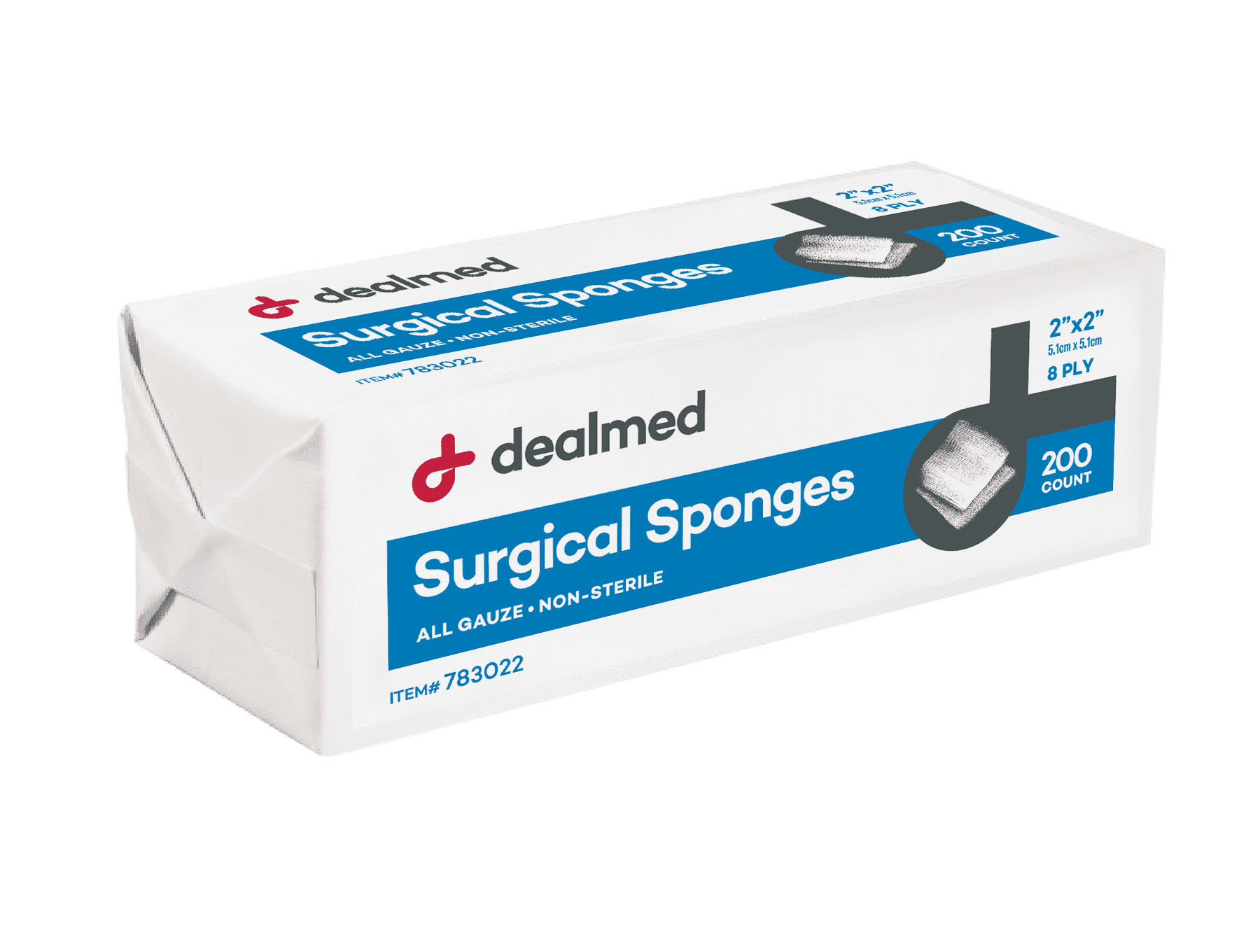 Dealmed 2" x 2" Surgical Sponges, 8-Ply Absorbent Gauze for Prepping, Cleaning, Wound Dressing, and First Aid Kits, 200 Count (1 Pack)