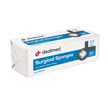 Dealmed 2" x 2" Surgical Sponges, 8-Ply Absorbent Gauze for Prepping, Cleaning, Wound Dressing, and First Aid Kits, 200 Count (1 Pack)