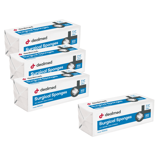 Dealmed 2" x 2" Surgical Sponges, 8-Ply Absorbent Gauze for Prepping, Cleaning, Wound Dressing, and First Aid Kits, 200 Count (4 Pack)