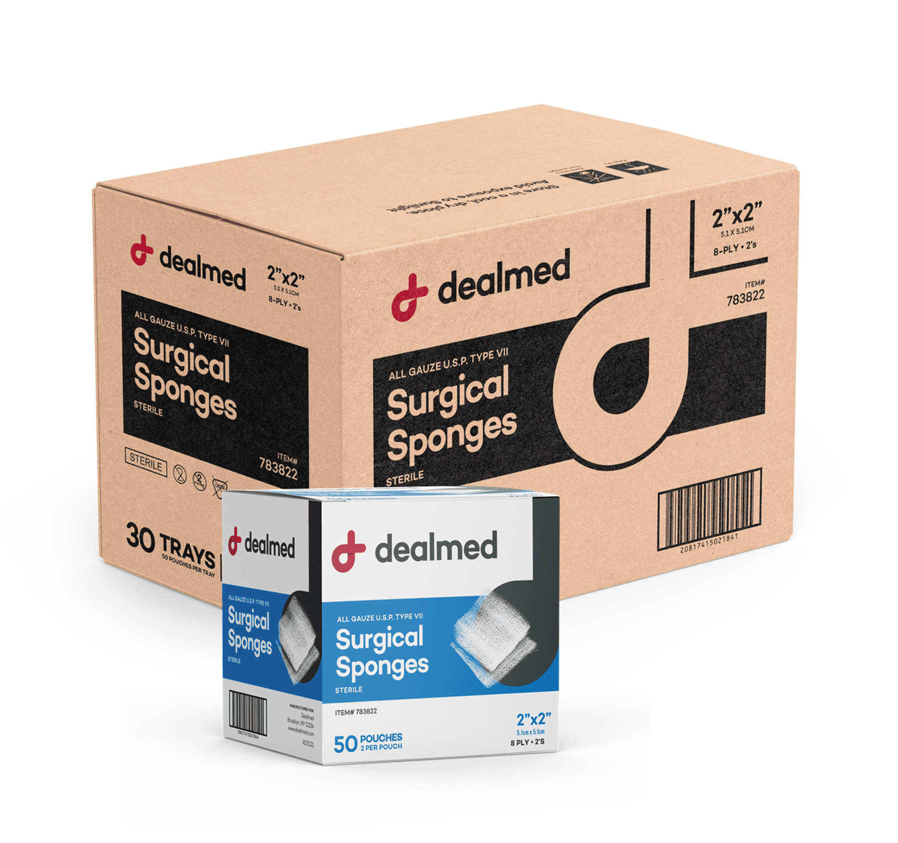 Dealmed 2" x 2" Surgical Sponges | Sterile All Gauze 8-Ply Pads | 2 Sponges Per Pouch | 50 Pouches Per Box (30 Boxes Per Case)