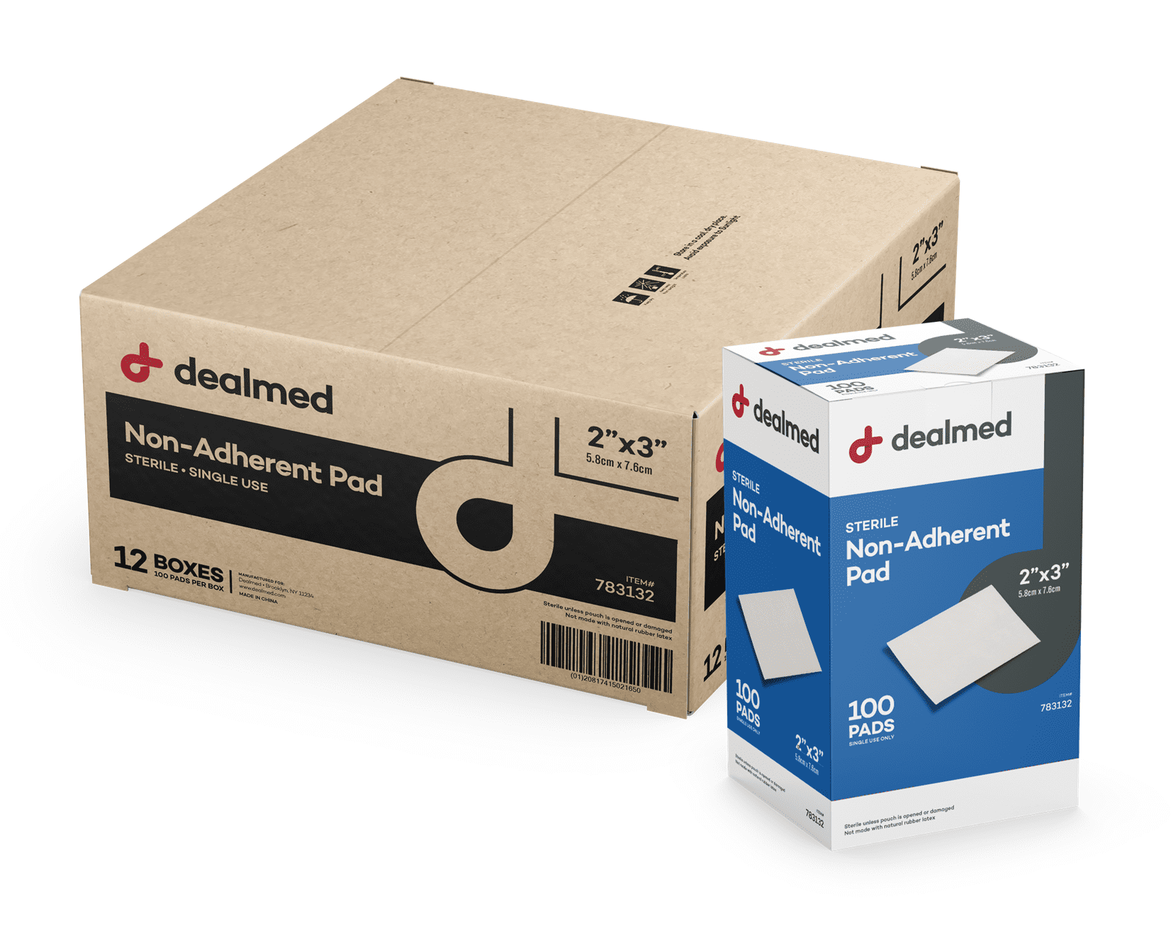 Dealmed 2" x 3" Non-Adherent Gauze Pads, Sterile Individually Wrapped, 100/Box (Case of 12)