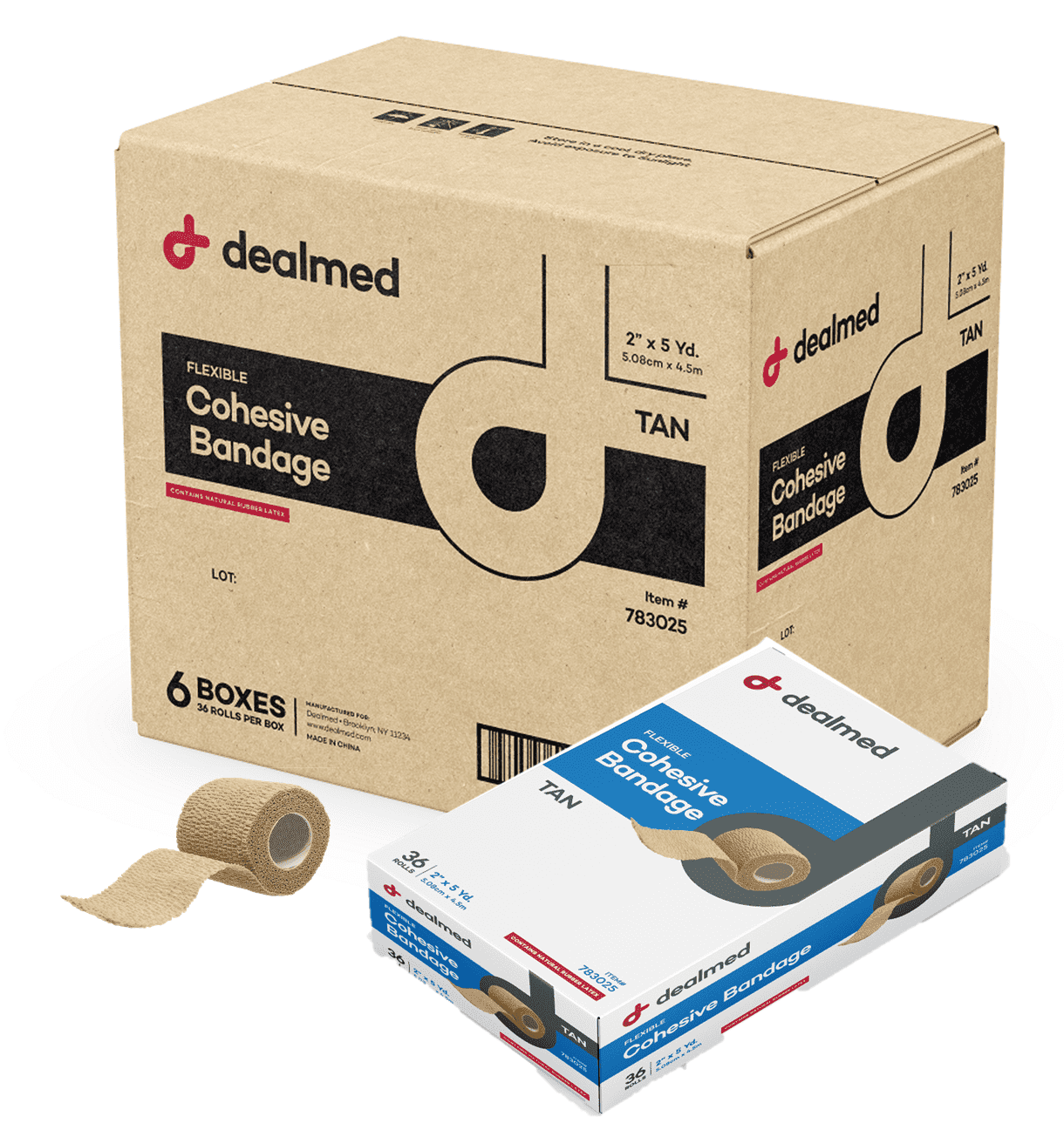 Dealmed 2" x 5 yd. Self Adherent Cohesive Bandage Wrap, Tan Color (216 Rolls)
