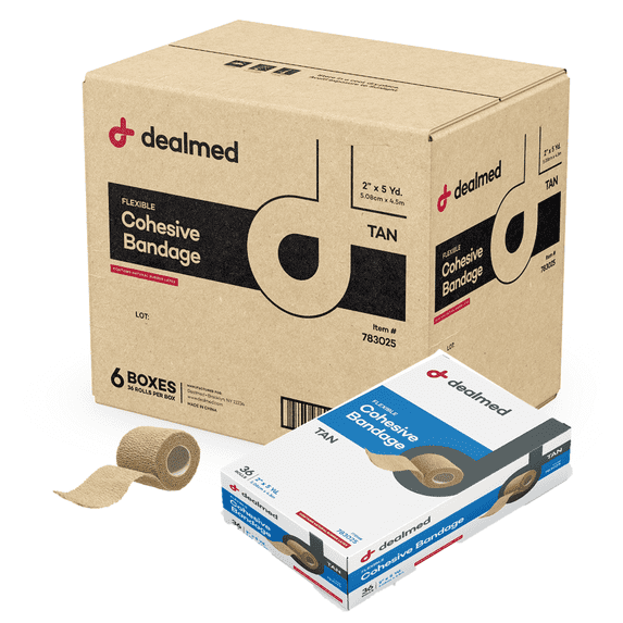 Dealmed 2" x 5 yd. Self Adherent Cohesive Bandage Wrap, Tan Color (216 Rolls)