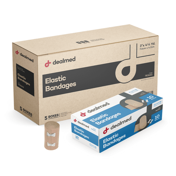 Dealmed 3" Elastic Bandage Wrap with Clip Closure, Stretched Compression (50 Rolls/Case)