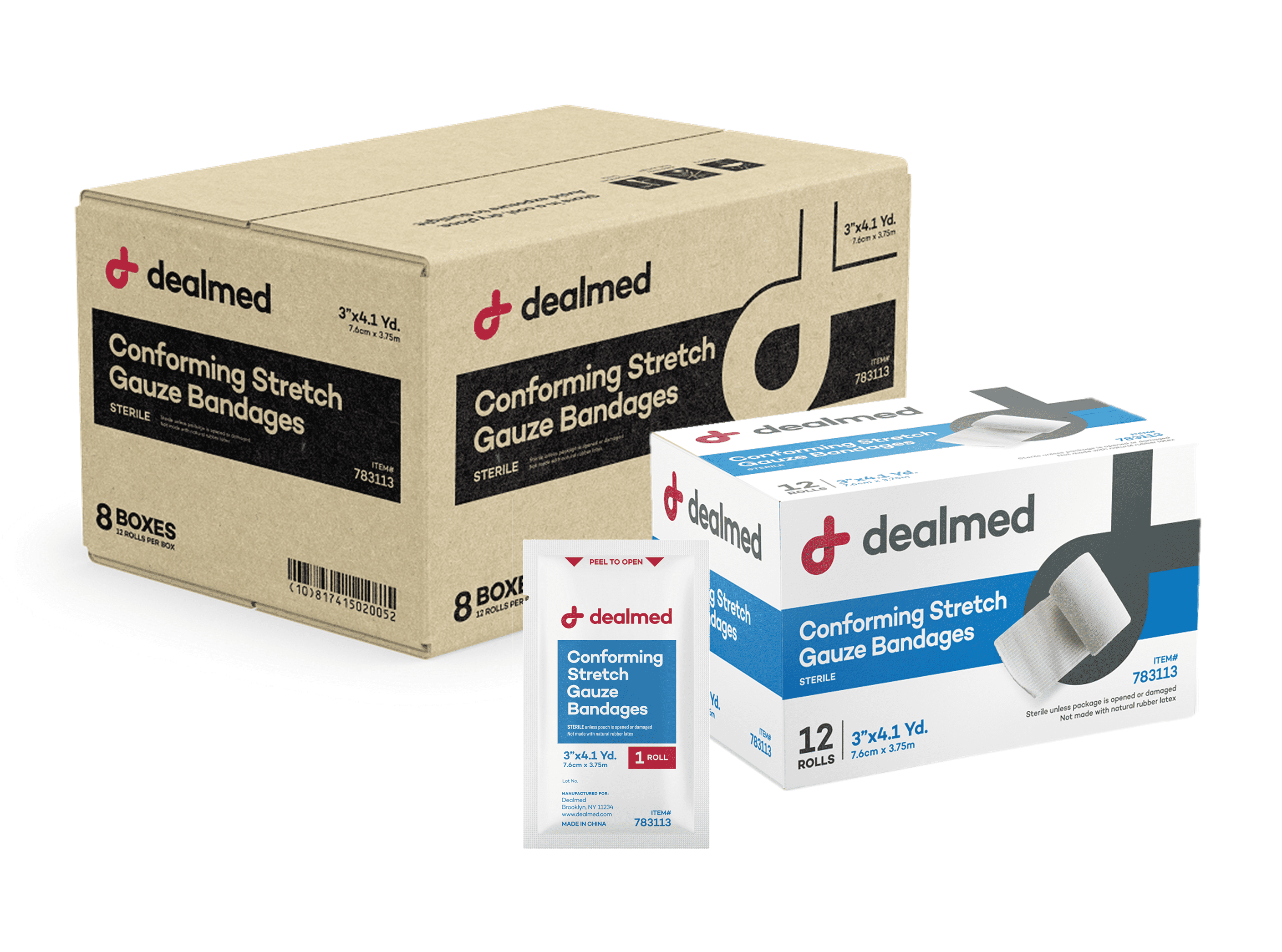 Dealmed 3" Sterile Conforming Stretch Gauze Bandages, 4.1 Yards Stretched Gauze Rolls, Wound Care Product, Case of 96