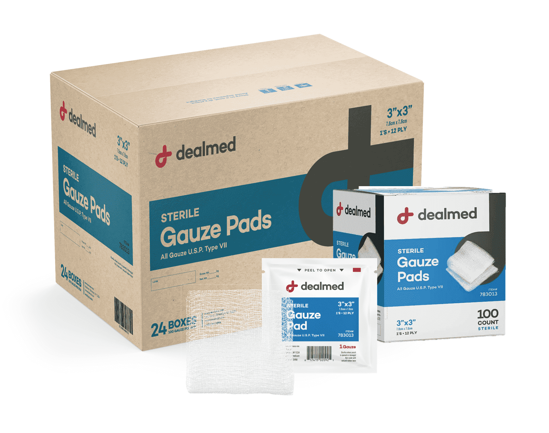 Dealmed 3’’ x 3’’ Sterile Gauze Pads, 12-Ply, Individually Wrapped, Wound Care Product for First Aid Kits, Medical Facilities 100/Box (Pack of 24)