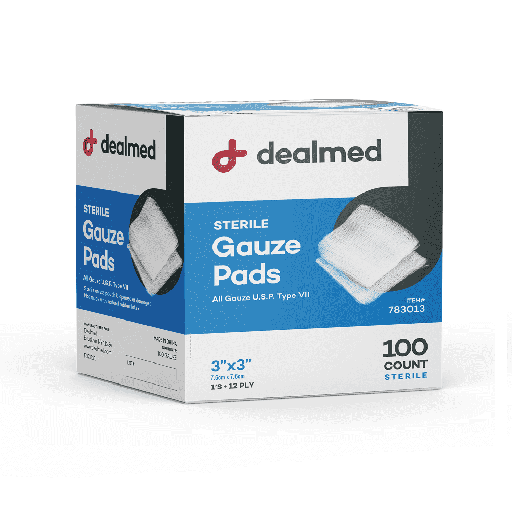 Dealmed 3 x 3 Sterile Gauze Pads, 12-Ply Individually Wrapped Medical Pads for Wound Care, First Aid Kits, Medical Facilities 100/Box (Pack of 1)