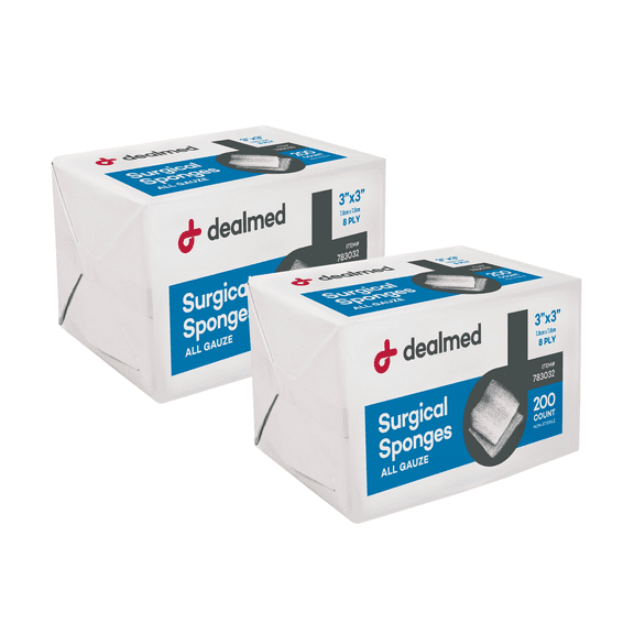 Dealmed 3" x 3" Surgical Sponges, 8-Ply Absorbent Gauze for Prepping, Cleaning, Wound Dressing, and First Aid Kits, 200 Count (2 Pack)