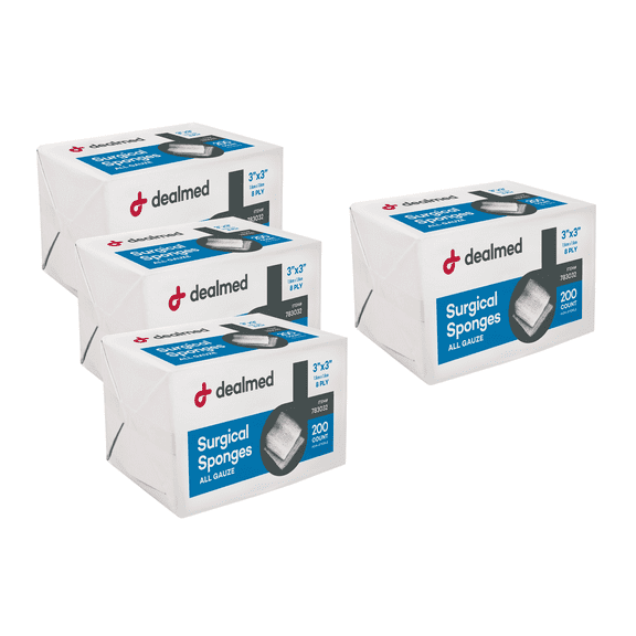 Dealmed 3" x 3" Surgical Sponges, 8-Ply Absorbent Gauze for Prepping, Cleaning, Wound Dressing, and First Aid Kits, 200 Count (4 Pack)