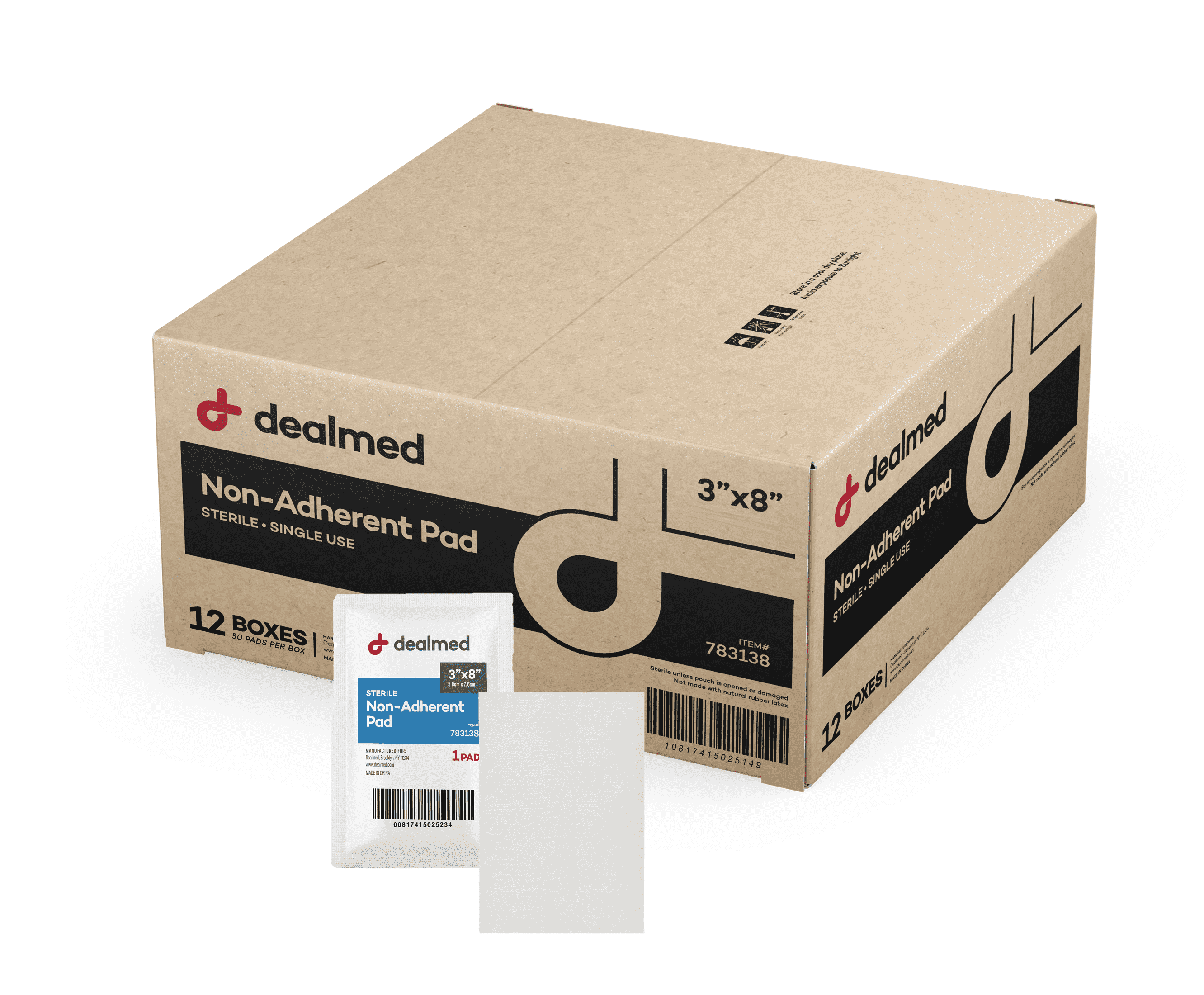 Dealmed 3" x 8" Non-Adherent Gauze Pads, Sterile Individually Wrapped, 50/Box (Case of 12)