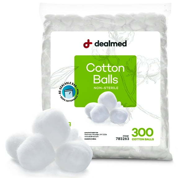 Dealmed 300 ct. Cotton Balls for Face, Makeup, Medical Uses, & DIY Crafts | Non-Sterile Bulk Pack | Resealable Zip-Locked Bag | 100% Pure Cotton, Soft, Absorbent, Gentle (Pack of 1)