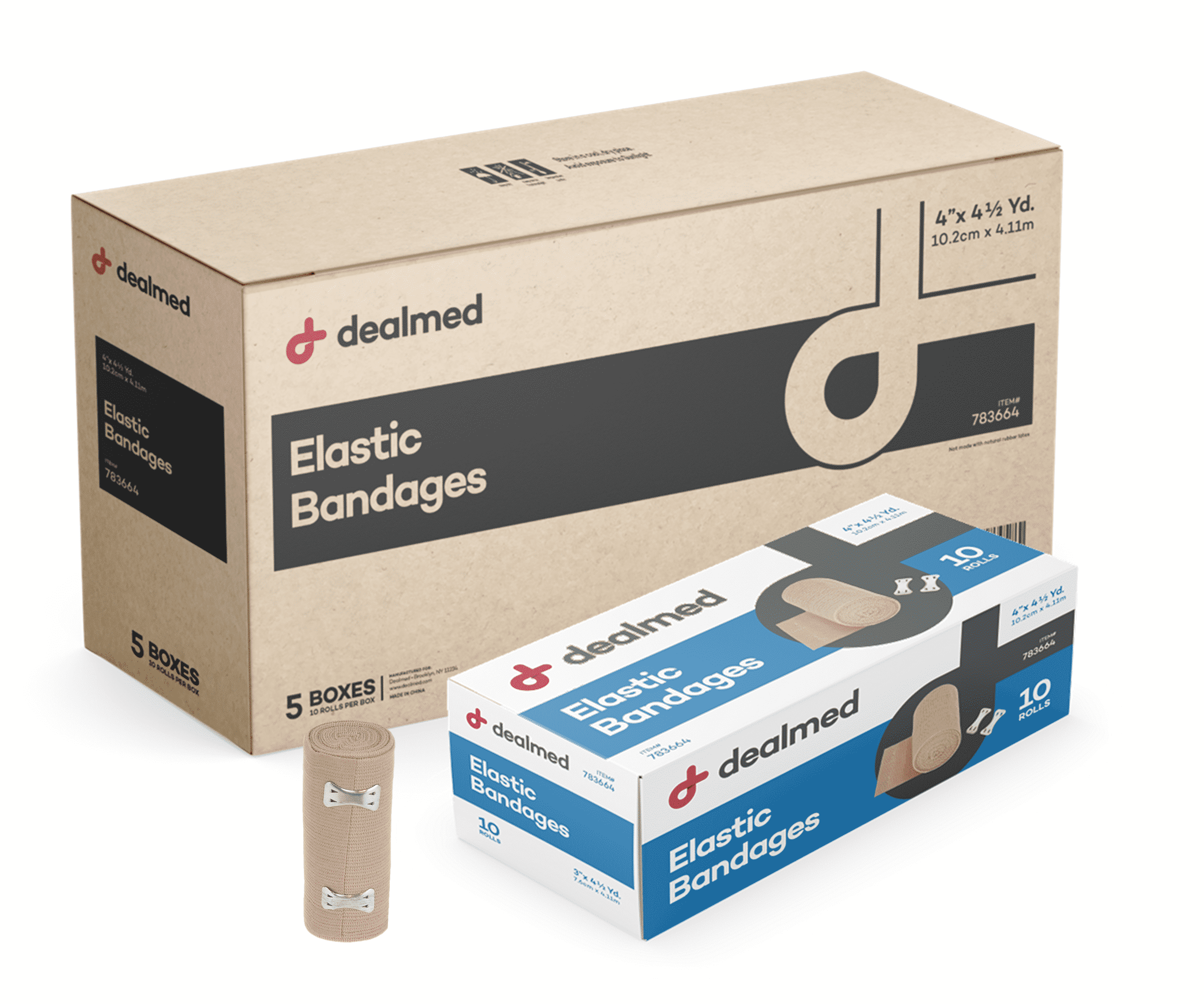 Dealmed 4" Elastic Bandage Wrap with Clip Closure, Stretched Compression (50 Rolls/Case)