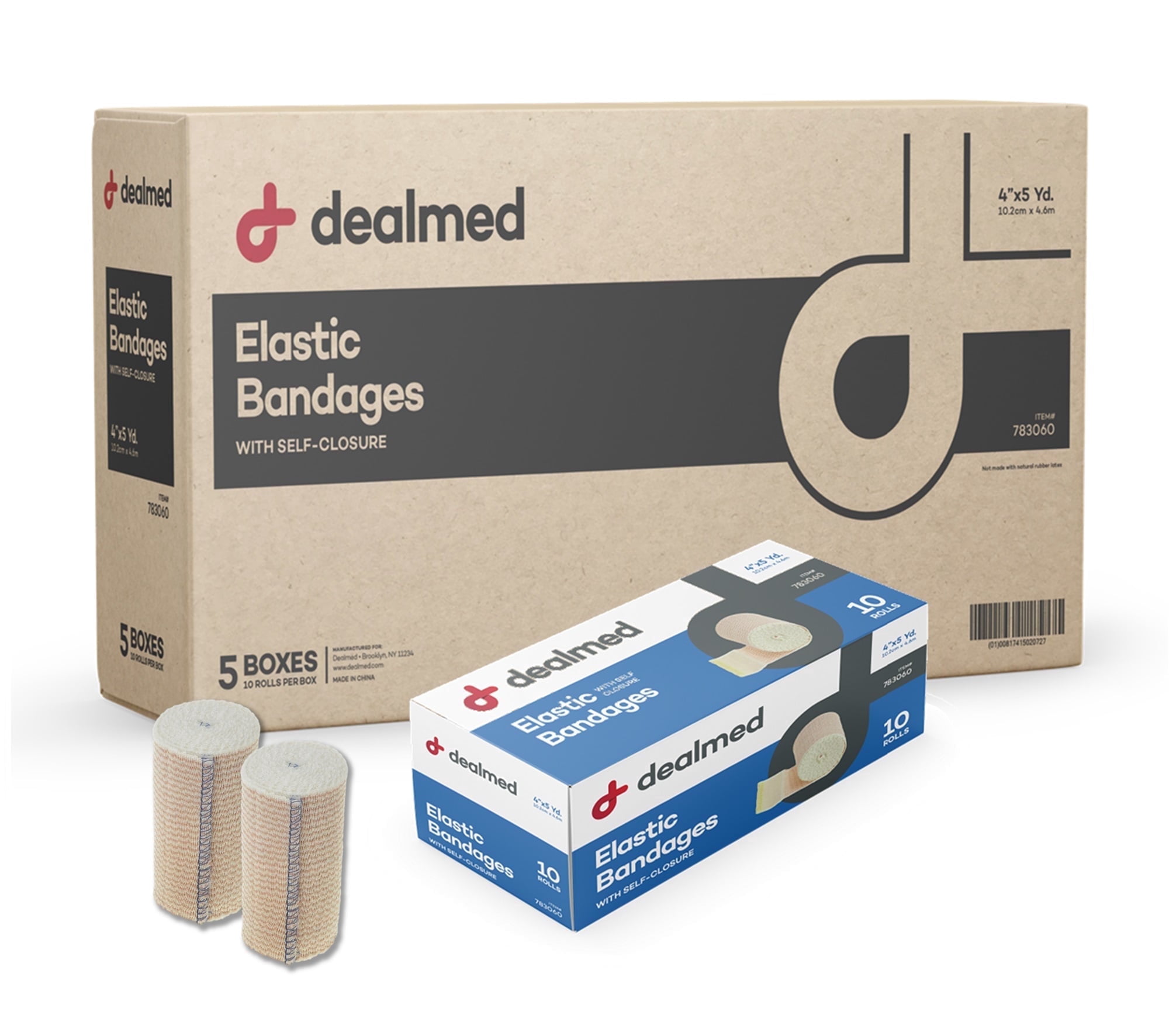 Dealmed Elastic Bandage Wrap 4" with Self Closure, Stretched Compression (50 Rolls/Case)