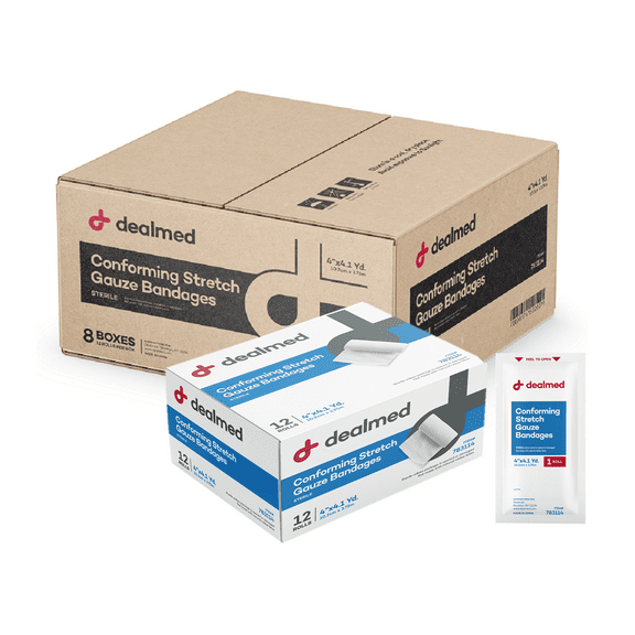 Dealmed 4" Sterile Conforming Stretch Gauze Bandages, 4.1 Yards Stretched Gauze Rolls, Wound Care Product, Case of 96