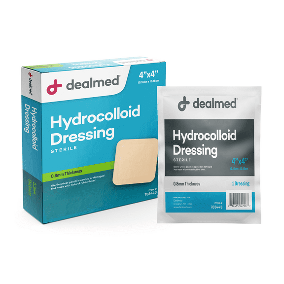 Dealmed 4" x 4" Hydrocolloid Dressing, Standard Thickness | Sterile Individually Packed Dressings | Provide Moist Wound Healing Environment (Standard, Box of 10)
