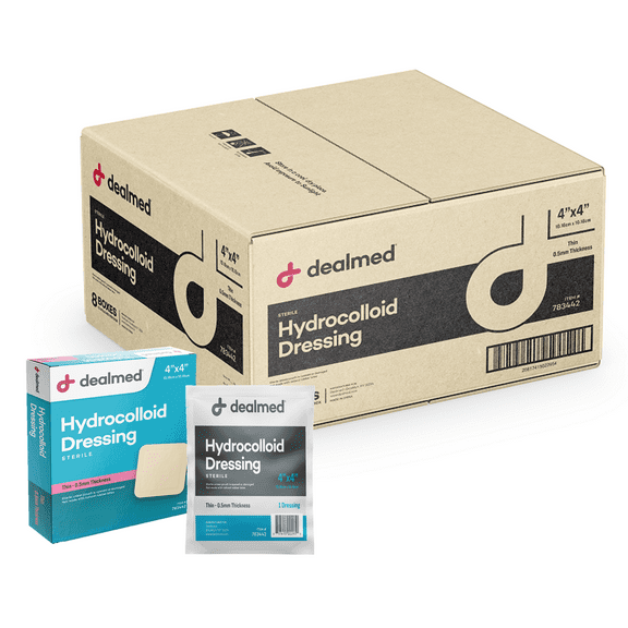Dealmed 4" x 4" Hydrocolloid Dressing, Thin .5mm | Sterile Individually Packed Dressings | Provide Moist Wound Healing Environment (Thin, Case of 240)
