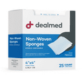 thumbnail image 1 of Dealmed 4’’ x 4’’ Non-Woven Sponges, (2) Individually Wrapped 4-Ply Post-Op Gauzes for Wounds, First Aid, & Dialysis Facilities, 25/Box (Pack of 1), 1 of 7