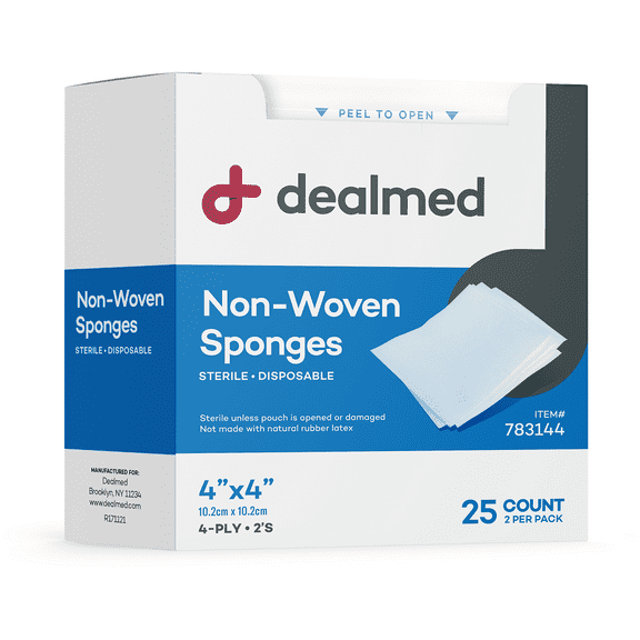 Dealmed 4’’ x 4’’ Non-Woven Sponges, (2) Individually Wrapped 4-Ply Post-Op Gauzes for Wounds, First Aid, & Dialysis Facilities, 25/Box (Pack of 1)