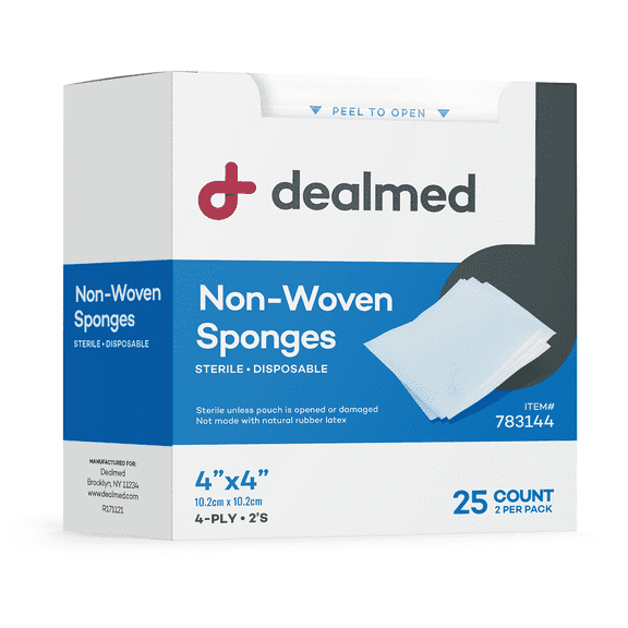 Dealmed 4" x 4" Premium Non-Woven Sponges, 4-Ply Absorbent Gauze Pads for First Aid Kits and Medical Facilities, Sterile 2's, 25 Pouches/Box (Pack of 1)