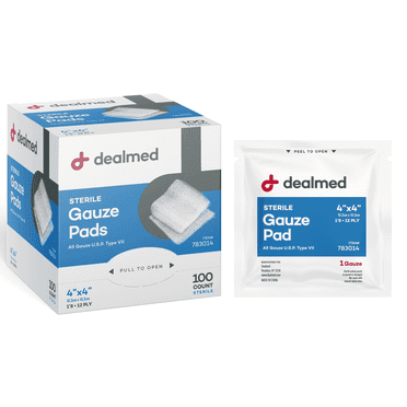 Dealmed 4’’ x 4’’ Sterile Gauze Pads, 12-Ply Individually Wrapped Medical Pads for Wound Care, First Aid Kits, Medical Facilities 100/Box (Pack of 1)