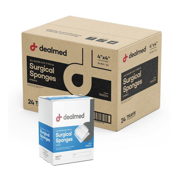 Dealmed 4’’ x 4’’ Sterile Gauze Pads – 12-Ply, Individually Wrapped, Package of Two Medical Gauze Pads, Disposable for First Aid Kit and Medical Facilities, 25/Box (Case of 24)