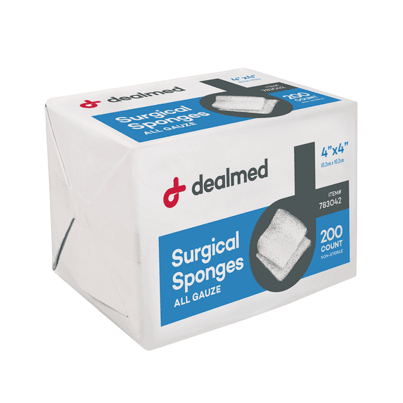 Dealmed 4" x 4" Surgical Sponges, 8-Ply Absorbent Gauze for Prepping, Cleaning, Wound Dressing, and First Aid Kits, 200 Count (1 Pack)