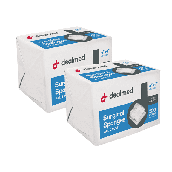 Dealmed 4" x 4" Surgical Sponges, 8-Ply Absorbent Gauze for Prepping, Cleaning, Wound Dressing, and First Aid Kits, 200 Count (2 Pack)