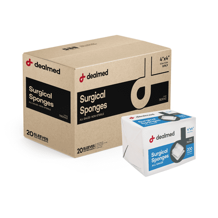 Dealmed 4" x 4" Surgical Sponges, 8-Ply Absorbent Gauze for Prepping, Cleaning, Wound Dressing, and First Aid Kits, 200 Count (20 Pack)