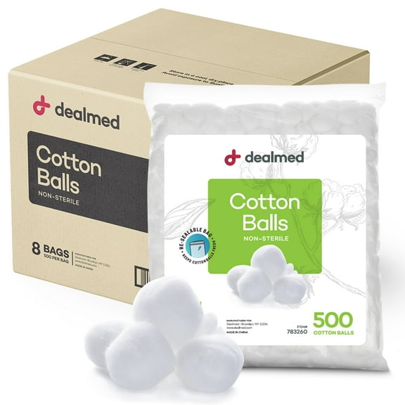 Dealmed 500 ct. Cotton Balls for Face, Makeup, Medical Uses, & DIY Crafts | Non-Sterile Bulk Pack | Resealable Zip-Locked Bag | 100% Pure Cotton, Soft, Absorbent, Gentle (Case of 8)