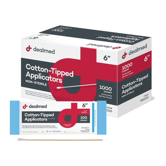 Dealmed 6" Cotton-Tipped Wood Applicators, Non-Sterile – Ideal for Application of Medication, Cleaning Skin, Arts and Crafts and More, 100 Applicators Per Pouch (Box of 10)