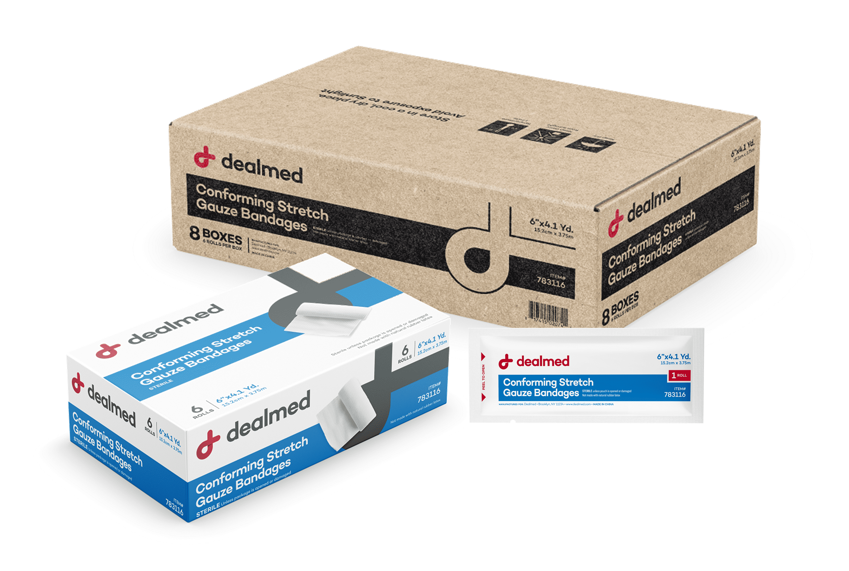 Dealmed 6" Sterile Conforming Stretch Gauze Bandages, 4.1 Yards Stretched Gauze Rolls, Wound Care Product, Case of 48