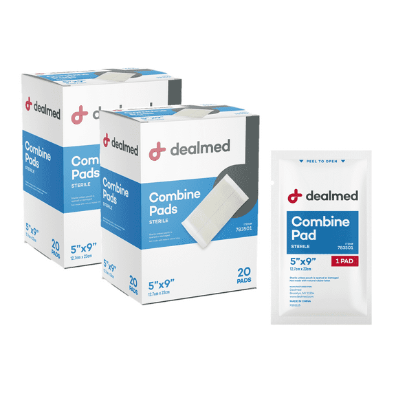 Dealmed Abdominal Combine Pads | Individually Wrapped, Absorbent, Latex-Free, Non Adherent | Abdominal Pads for Wound Care, Drainage, First Aid Kit | Sterile ABD Pads 5x9 in | 20/Box (Pack of 2)
