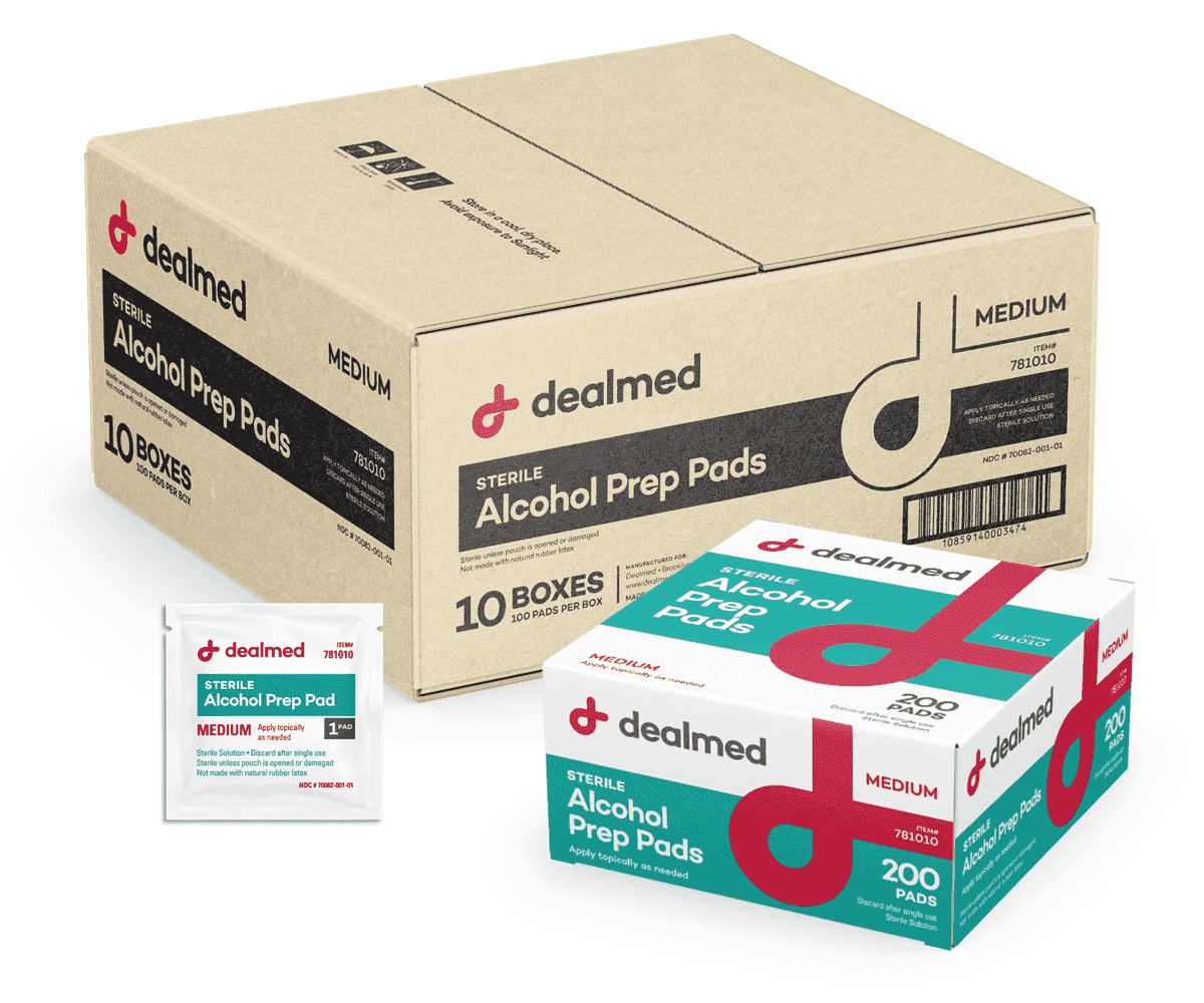 Dealmed Alcohol Prep Pads, Medium, Latex-Free, Gamma Sterilized for First Aid and Medical Facilities, 200 Count (Pack of 10)