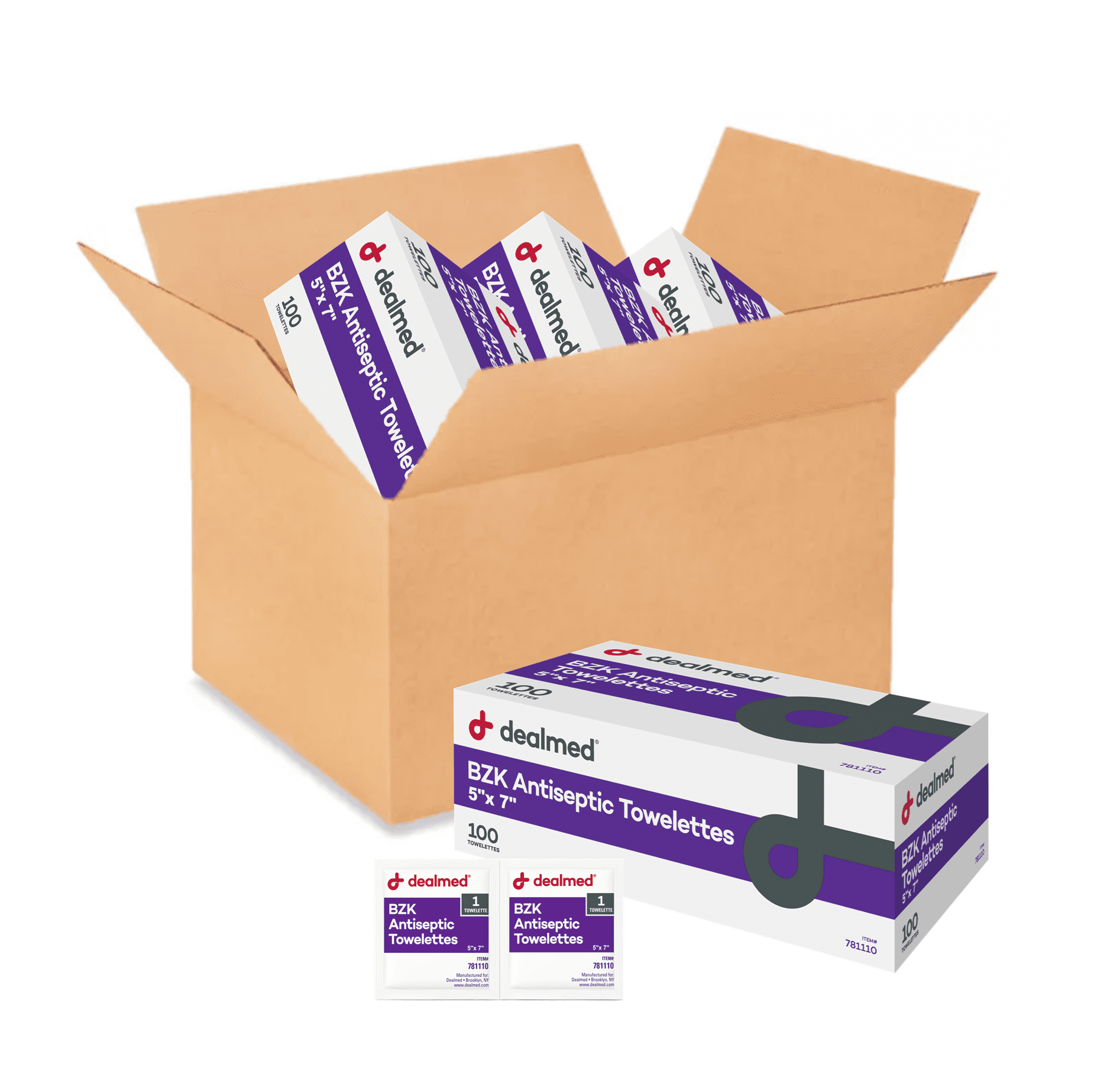 Dealmed BZK Antiseptic Towelette, 5" x 7" Individually Wrapped Alcohol-Free Wipes, 100 Count (Pack of 10)