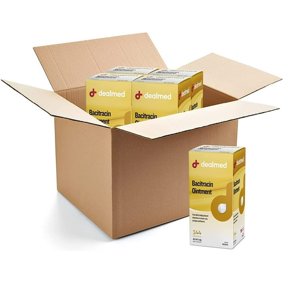 Dealmed Bacitracin Ointment – Made in the USA - 0.9 gm foil, First Aid Antibiotic Pain Relieving Ointment for Minor Cuts, Scrapes, and Burns, 144 Per Box (12 Boxes)