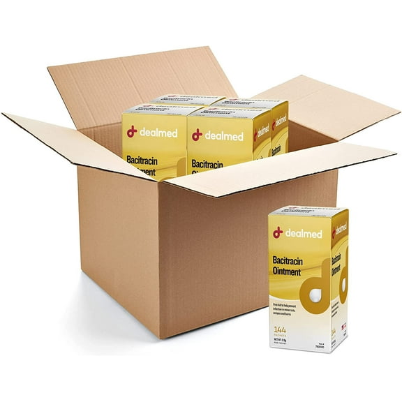 Dealmed Bacitracin Ointment Made in the USA - 0.9 gm foil, First Aid Antibiotic Pain Relieving Ointment for Minor Cuts, Scrapes, and Burns, 144 Per Box (12 Boxes)