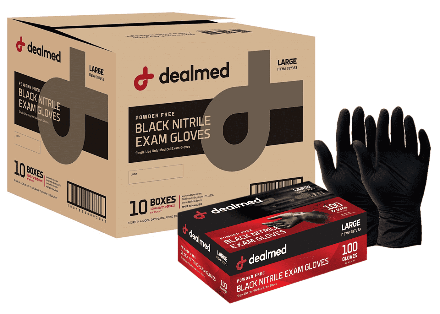 Dealmed Nitrile Exam Gloves, Black – 100 Count Disposable, Non-Irritating, Latex Free, Multi-Purpose for First Aid and Medical Facilities (Large, Case of 10)