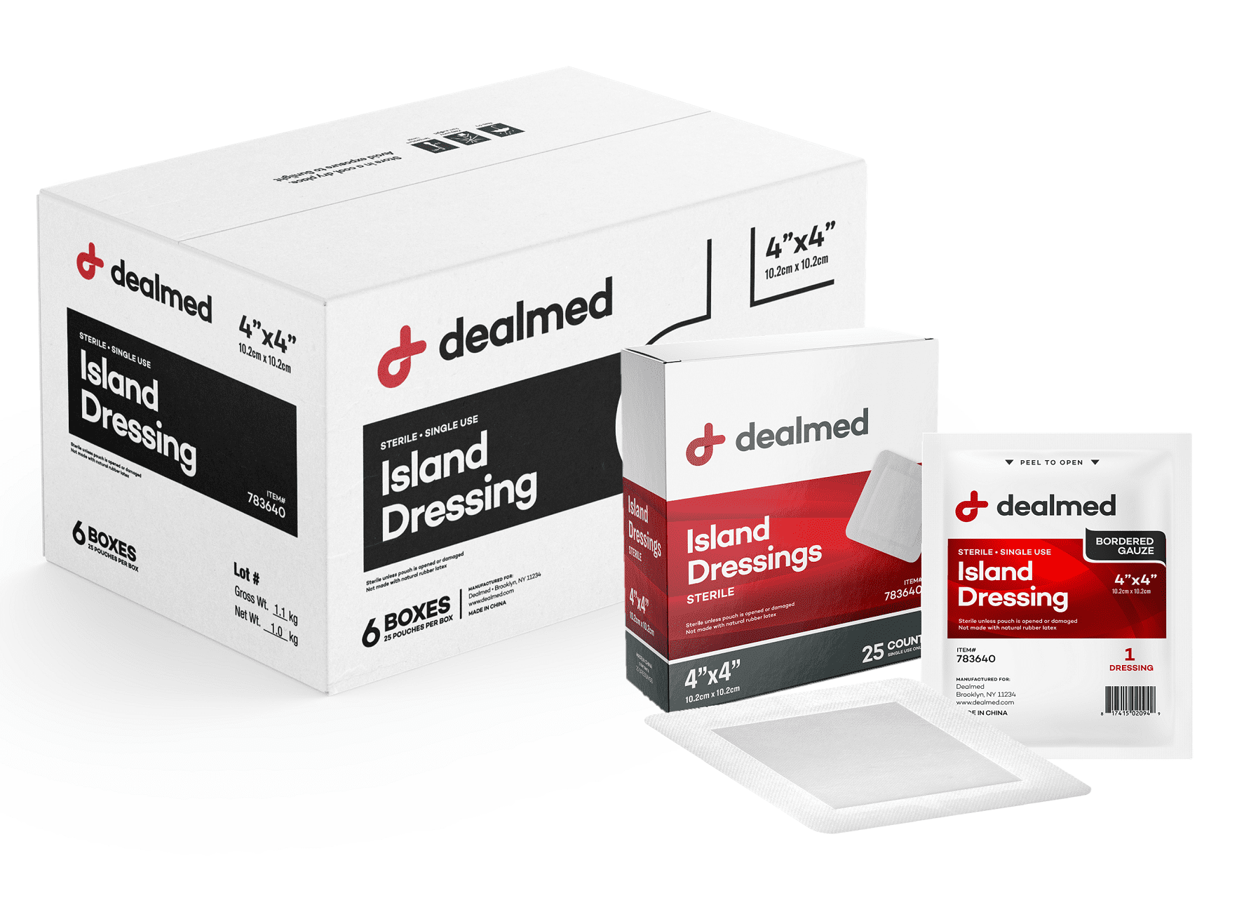 Dealmed Bordered Gauze Island Dressing, Sterile, Individually Wrapped with Adhesive Borders and