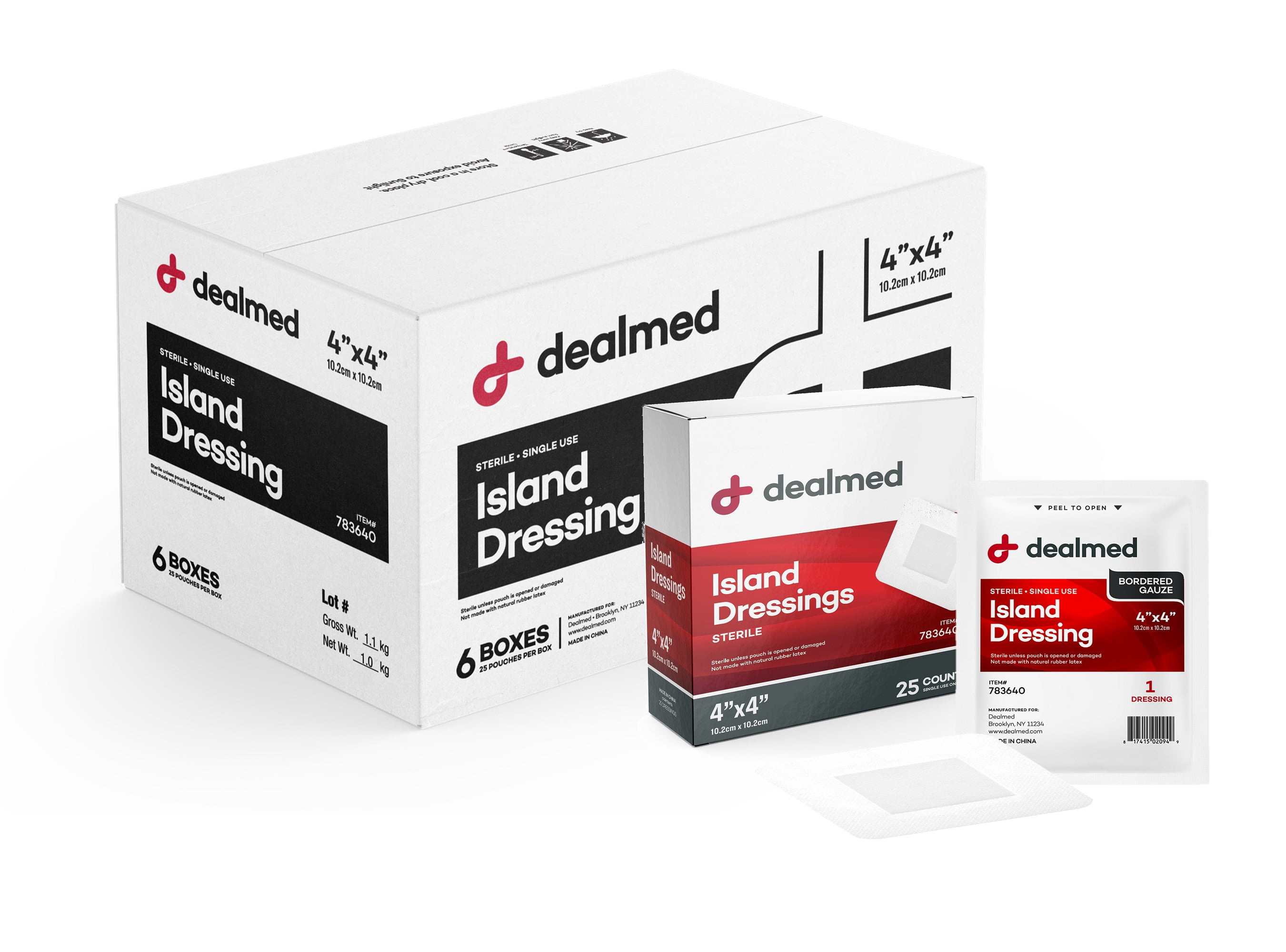 Dealmed Bordered Gauze Island Dressing, Sterile, Individually Wrapped with Adhesive Borders and Non-Stick Pad, 4" x 4", 25/Box (Pack of 6)