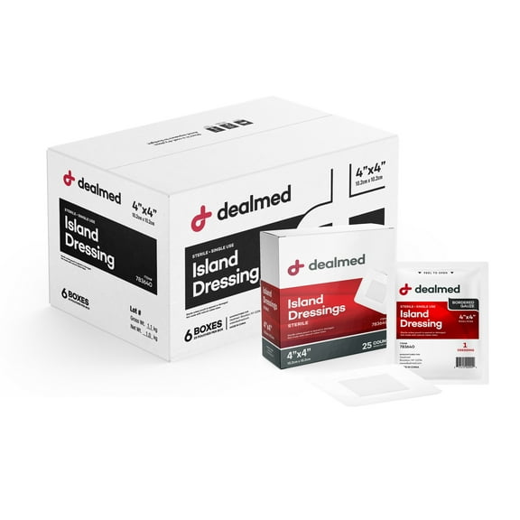 Dealmed Bordered Gauze Island Dressing, Sterile, Individually Wrapped with Adhesive Borders and Non-Stick Pad, 4" x 4", 25/Box (Pack of 6)