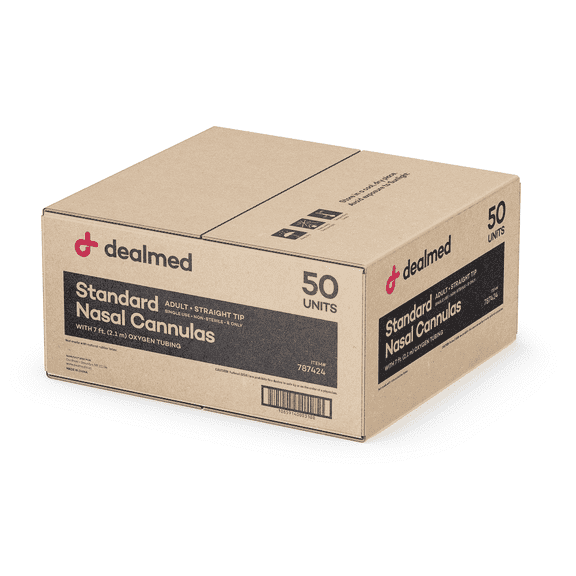 Dealmed Brand Adult Standard Nasal Cannula (Straight) with 7 ft (2.1m) Soft Green, Highly Visible, Kink Resistant, Lightweight Tubing (Case of 50)